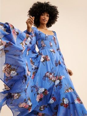 Free People Blue Morning Glory Long Sleeve  Floral Maxi Dress w Smocked Bodice